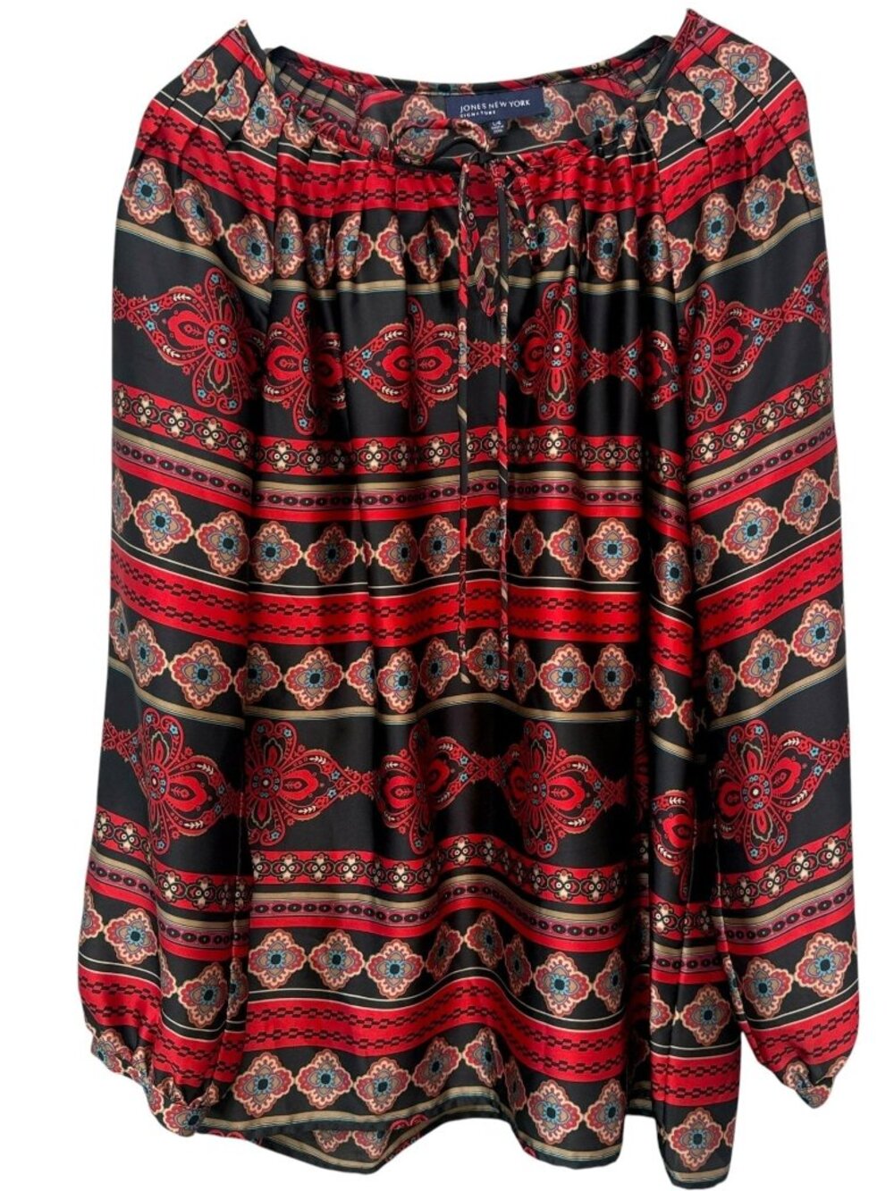 Jones New York Paisley Blouse Large Red Black Satin Peasant Tie Womens Top